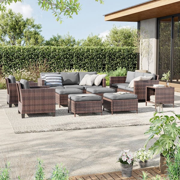 9-Piece Brown Wicker Outdoor Seating Sofa Set with Coffee Table, Gray Cushions