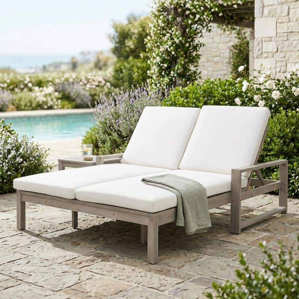 Gray Wood Outdoor Double Lounge Chair with 5-Position Adjustable Backrest for Patio, Poolside price history on PriceWatchPro