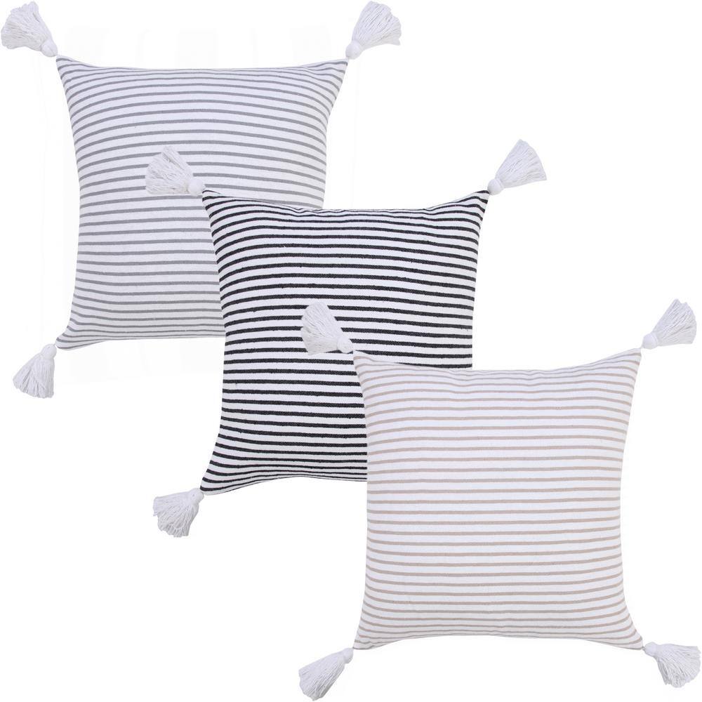 Gray and White Striped Cotton Square Throw Pillow with Tassels