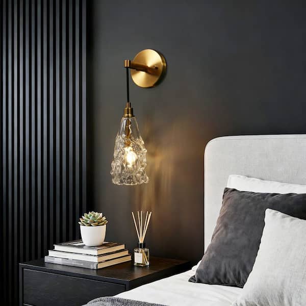 Transitional Bathroom Bell Wall Sconce 1-Light Plating Brass Bedroom Wall Light with Crystal Shade