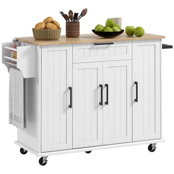 HOMCOM White Wood 52 in. Kitchen Island with Cabinets