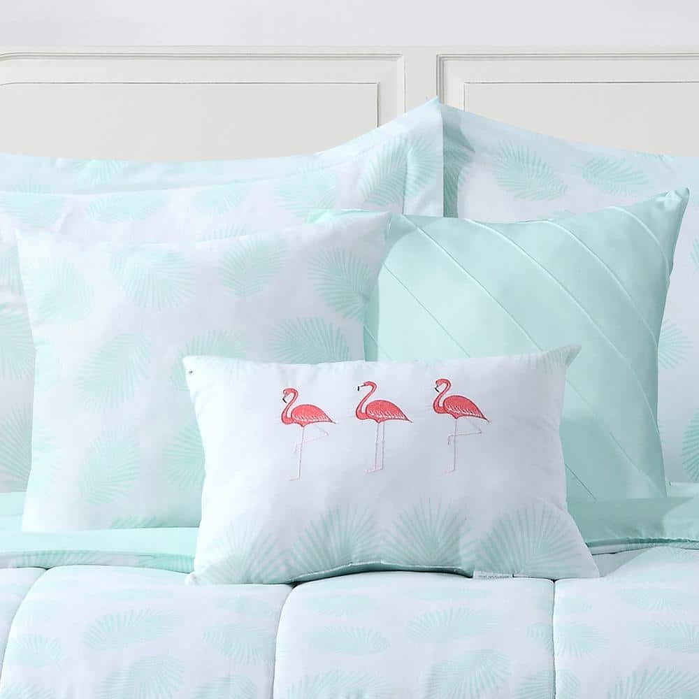 Mint Flamingo Embroidered Microfiber Full Bedspread Set