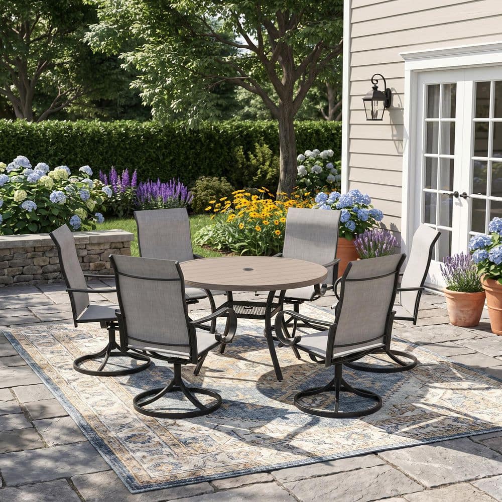 7-Piece Metal Outdoor Dining Set with 47.2 in. Gray Wood-Like Round Table and 6 Gray 360° Swivel Textilene Dining Chairs price history on PriceWatchPro