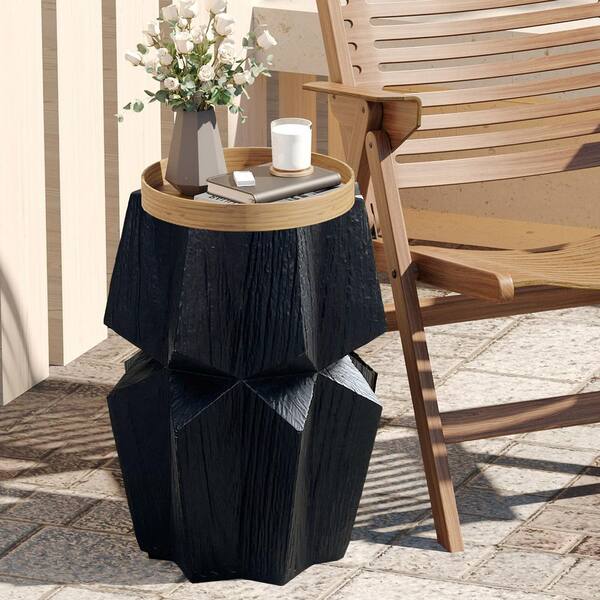 Wabi-Sabi Style Outdoor Side Table, Hand-Carved Irregular Accent