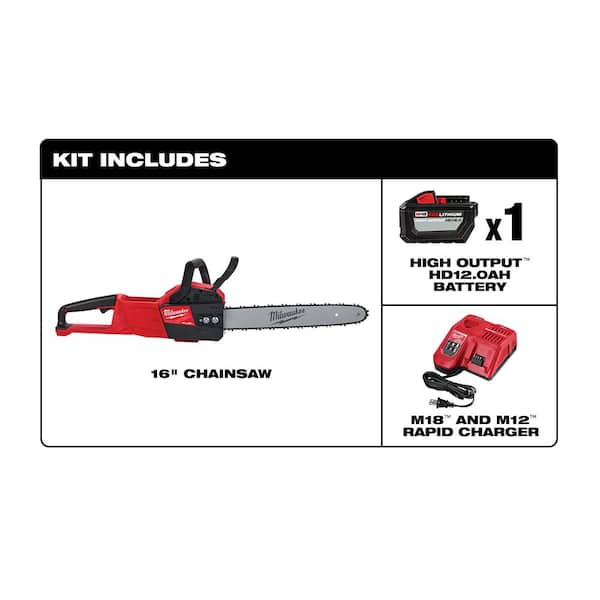 Milwaukee M18 Fuel 16 In 18 Volt Lithium Ion Battery Brushless Cordless Chainsaw Kit With 12 0 Ah Battery And M18 Rapid Charger 2727 21hd The Home Depot