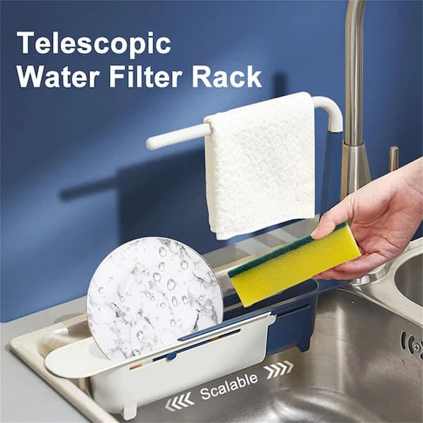 Adrinfly 17.7 in. Adjustable Telescopic Sink Storage Rack with Towel Bar and Drain Basket for Kitchen Sink Organization in Black