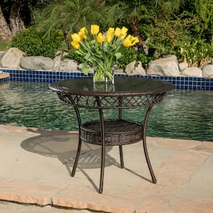 Brown Round Wicker Outdoor Coffee Table with Glass Top