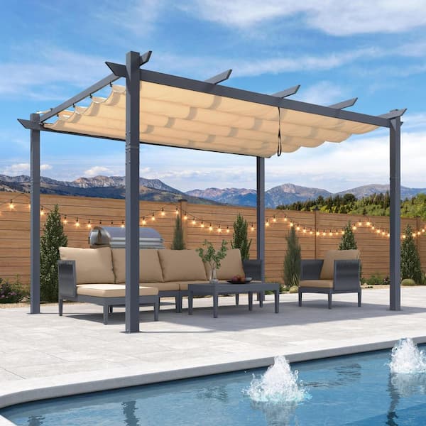 PURPLE LEAF 10 ft. W x 13 ft. D Outdoor Dark Gray Aluminum Pergola with Khaki Adjustable Sun Shelter Canopy and Extra Canopy Top