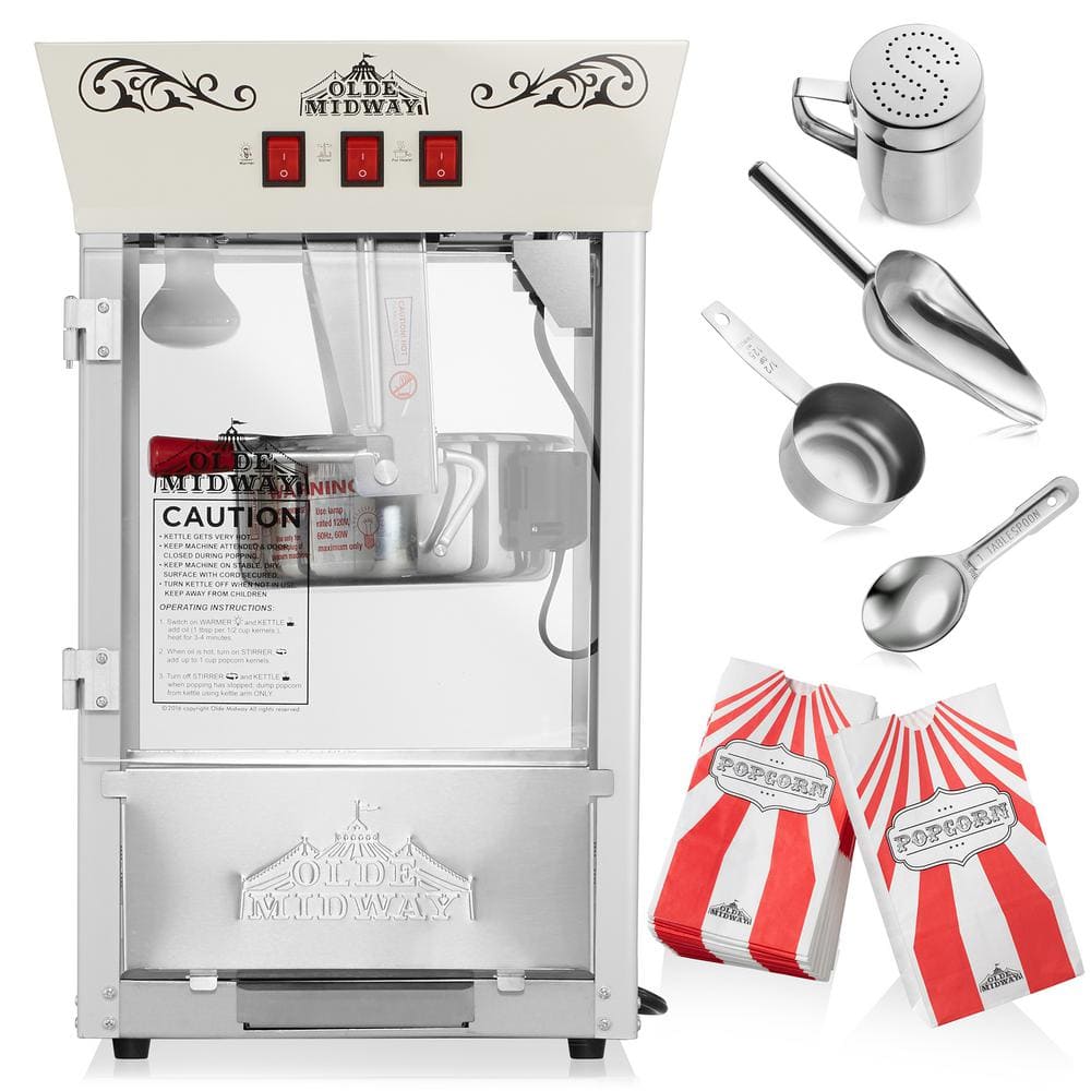 Olde Midway Cream Vintage-Style Countertop Popcorn Machine with 8 oz Kettle