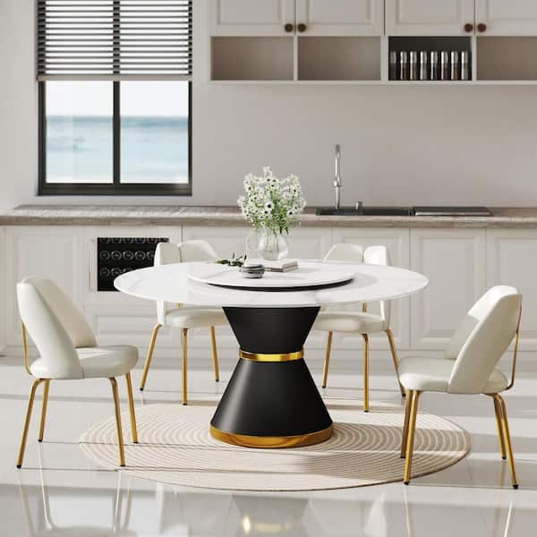 59.05 in. Modern White Round Rotary Lazy Susan Sintered Stone Top Black Carbon Steel Pedestal Dining Table (Seats-8)