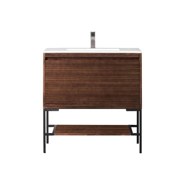 James Martin Vanities Mantova 35.4 in. W x 18.1 in. D x 36 in. H Single Bathroom Vanity Mid-Century Walnut & Glossy White Composite Stone Top