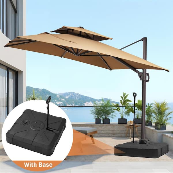 Double Top 11 ft. x 9 ft. Aluminum 360° Rotation Cantilever Patio Umbrella in Tan with 300 lbs. Wheeled, Pull Rod Base