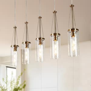 Letophafos 5-Light Brass Island Linear Chandelier for Living Room with Hammered Glass Shades and No Bulb Included