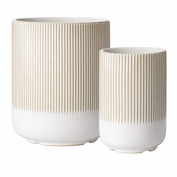 2-Set Ceramic Kitchen Utensil Holder for Countertop, Counter Decor, 7.3 in. and 5.4 in. Cooking Utensil Crocks, Beige