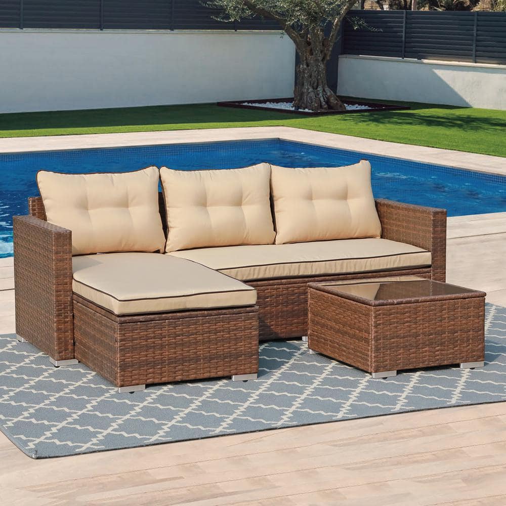 3-Piece Wicker Brown Outdoor Patio Conversation Set with Beige Cushions
