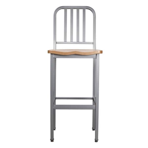 Washington 30 in. Silver Slat Back Metal Bar Stool with Wood Seat Set of 2