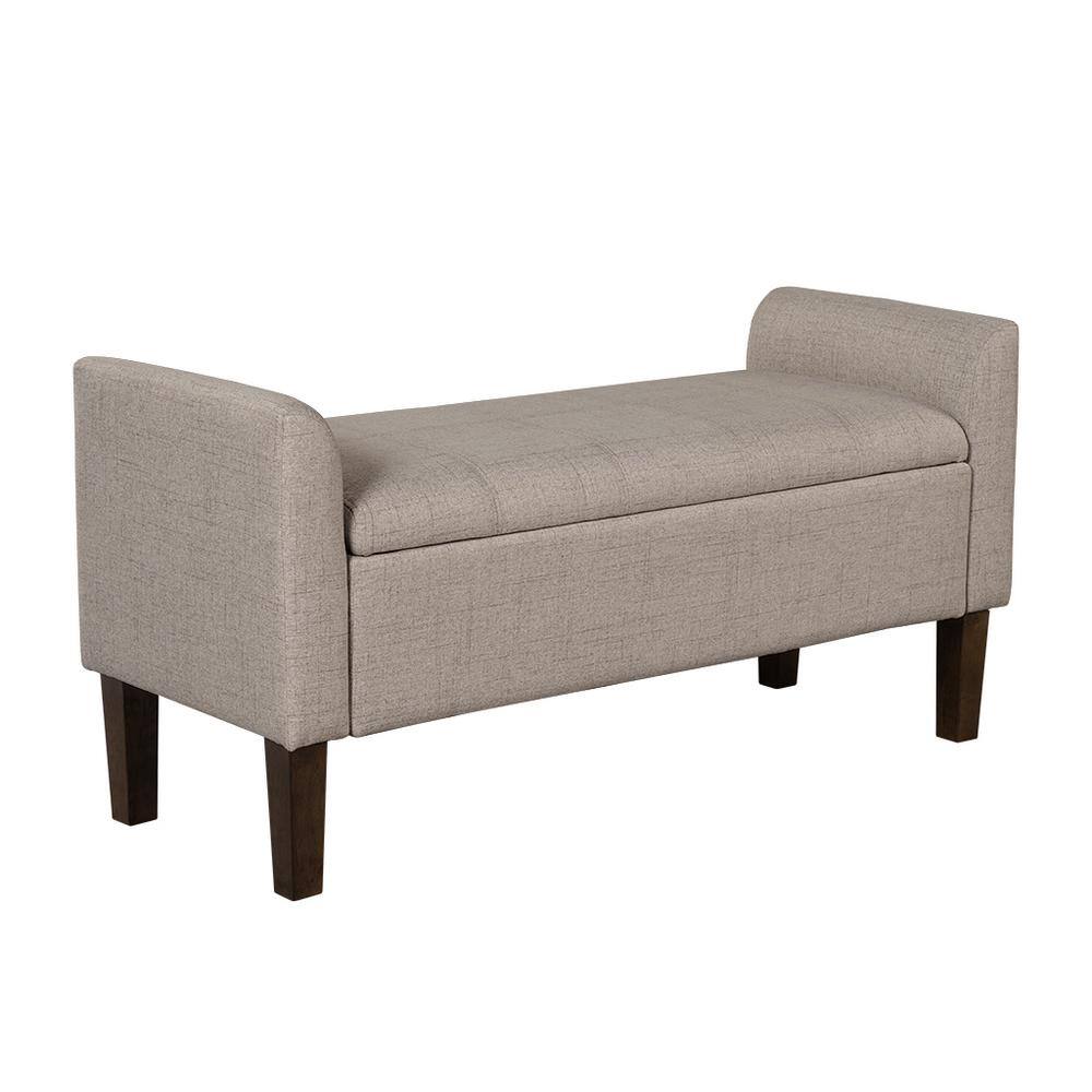Light Taupe Upholstered Flip-Top Storage Bench with Wood Legs