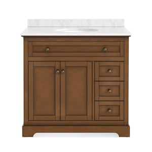 Wellington 36 in. W x 21.5 in. D x 35 in. H Single Sink Freestanding Bath Vanity in Brown with White Carrara Marble Top