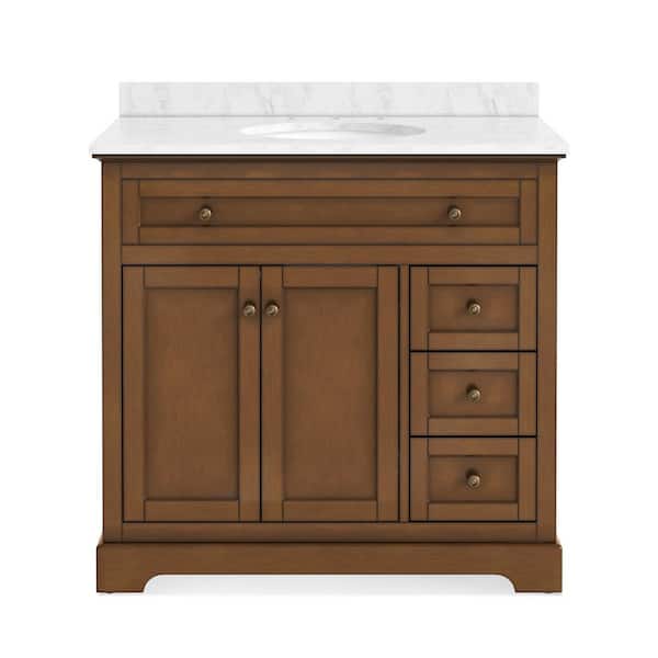 Wellington 36 in. W x 21.5 in. D x 35 in. H Single Sink Freestanding Bath Vanity in Brown with White Carrara Marble Top