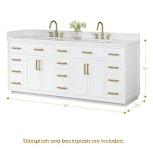 Gavino 84 in.W x 22 in.D x 34 in.H Bath Vanity in White with Grain White Composite Stone Top