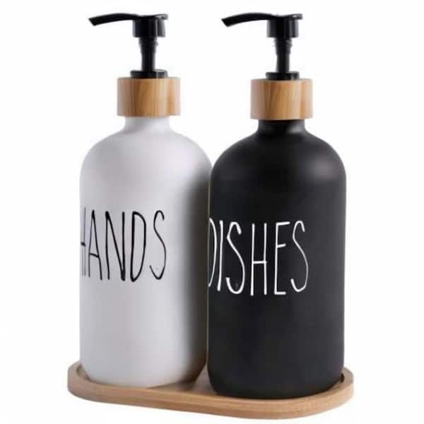 Farmhouse Style Black and White Soap Dispenser Set, Includes Hand and Dish Soap Dispenser with Bamboo Tray