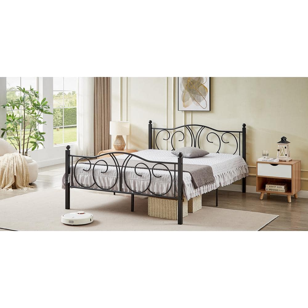 Victorian Black Metal Queen Platform Bed Frame with Headboard and Footboard
