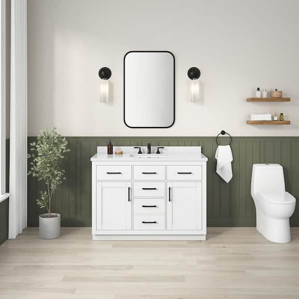 Bailey 48 in. Freestanding White Bath Vanity with White Quartz Top, Power Bar and Matte Black Hardware