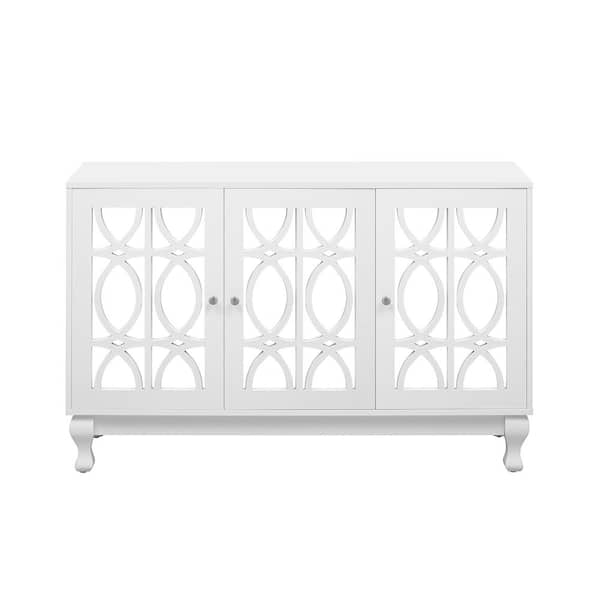 Vintage 47.25 in. W x 15.75 in. D x 30.2 in. H White Linen Cabinet Entertainment Center Wood Legs, Handle and Shelves