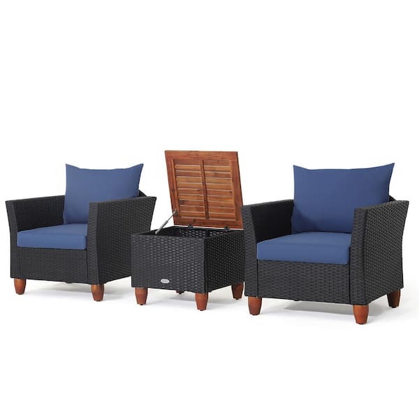 Costway 3PCS Wicker Patio Conversation Set Cushioned Sofa Storage Table Wood Top with Navy Cushions