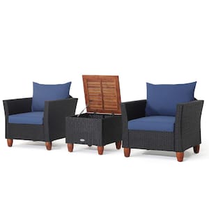 3PCS Wicker Patio Conversation Set Cushioned Sofa Storage Table Wood Top with Navy Cushions