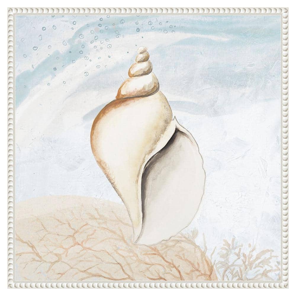 Beaded White Conch Shell Nautical Framed Canvas Art