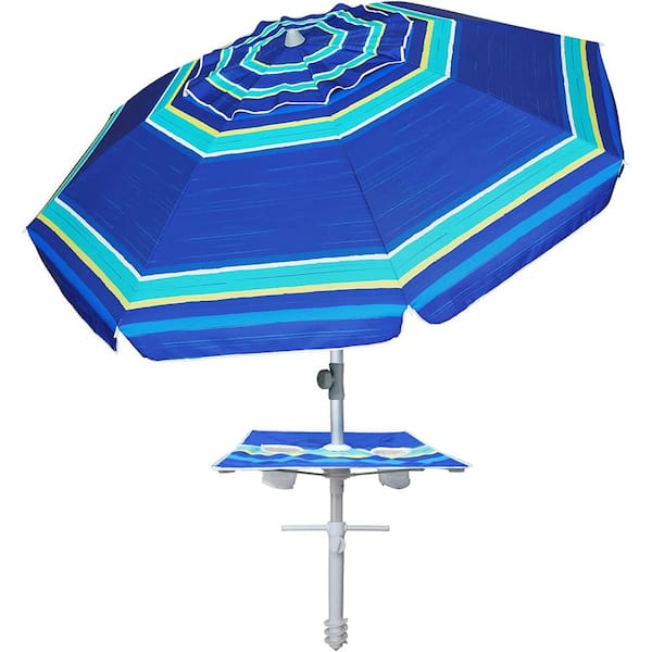 Dyiom 7 ft. Heavy-Duty High Wind Beach Umbrella with sand anchor in Integrated Table and Tilt Sun Shelter in Stripe Blue