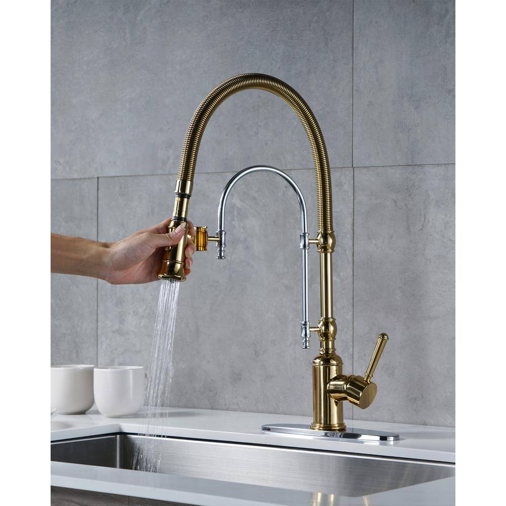 Gold and Chrome High-Arc Kitchen Faucet with Pull-Out Spray