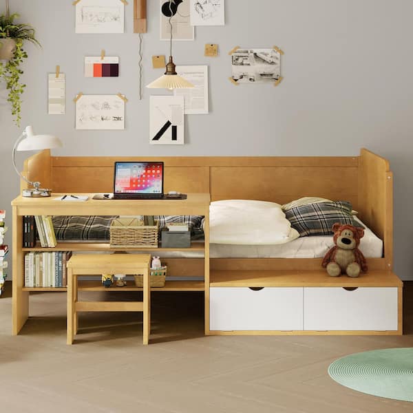 Natural Twin Daybed with Shelves, Lockers, Desk and Stool-Multi-Functional Bed, Solid Wood Frame with Organization