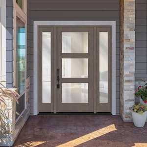 Regency 64" x 80" Modern 3 Lite Equal Clear Glass RHIS Ashwood Mahogany Fiberglass Prehung Front Door w/Dbl 12 in. SL