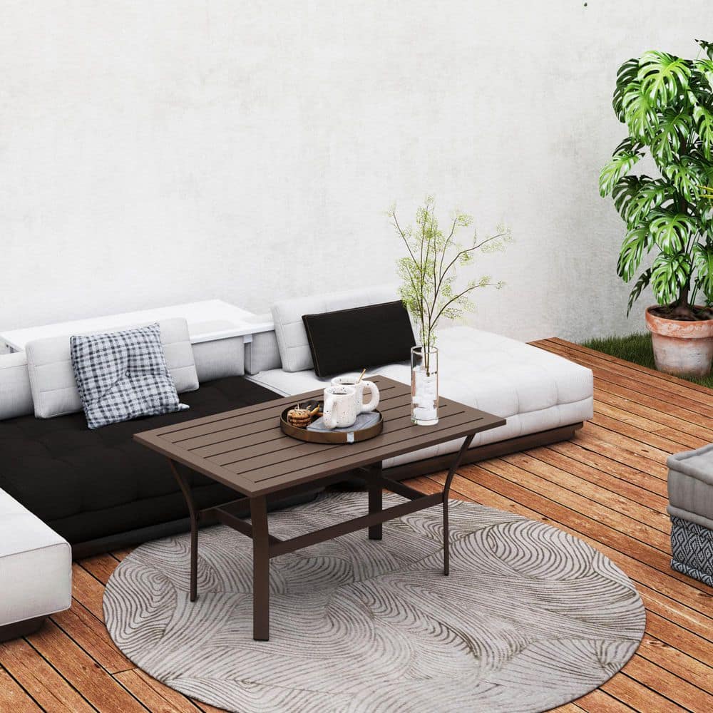 Brown Metal All-Weather Outdoor Coffee Table with Slatted Top