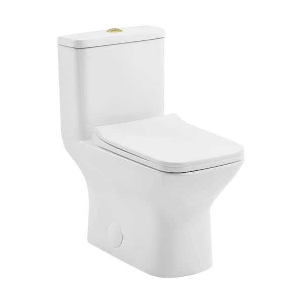 Swiss Madison Carre 1-piece 1.1/1.6 GPF Dual Flush Square Toilet in Glossy White with Brushed Gold Hardware Seat Included