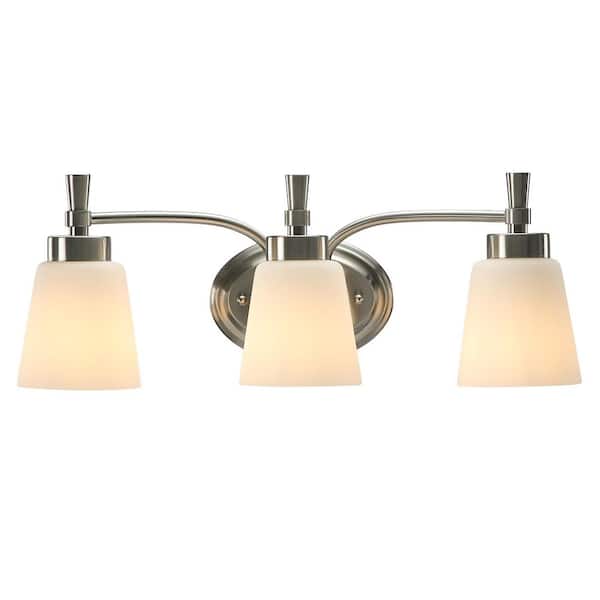 21.65 in. 3-Light Brushed Nickel Bathroom Vanity Light with White Frosted Glass Shade, No Bulbs Included