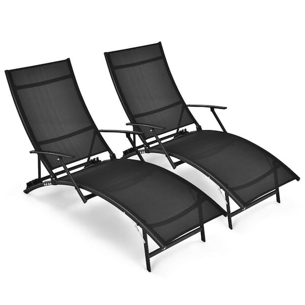 SUNRINX Black Metal Adjustable Folding Outdoor Chaise Lounge (2-Pack)