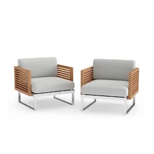 Monterey 2 Piece Stainless Steel Teak Outdoor Patio Lounge Chair with Cast Silver Cushions