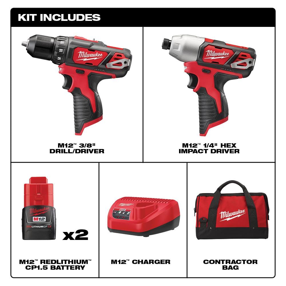 M12 12V Lithium-Ion Cordless Drill Driver/Impact Driver Combo Kit w/ Two 1.5Ah Batteries, Charger Tool Bag (2-Tool) - 1