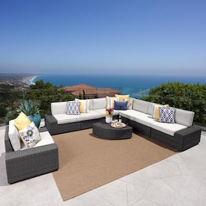 9-Piece Faux Rattan Patio Sectional Seating Set with White Cushions