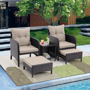 5-Piece PE Rattan Wicker Outdoor Patio Sectional Set, with Foot Stool Tempered Storage Glass Table and Grey Cushions