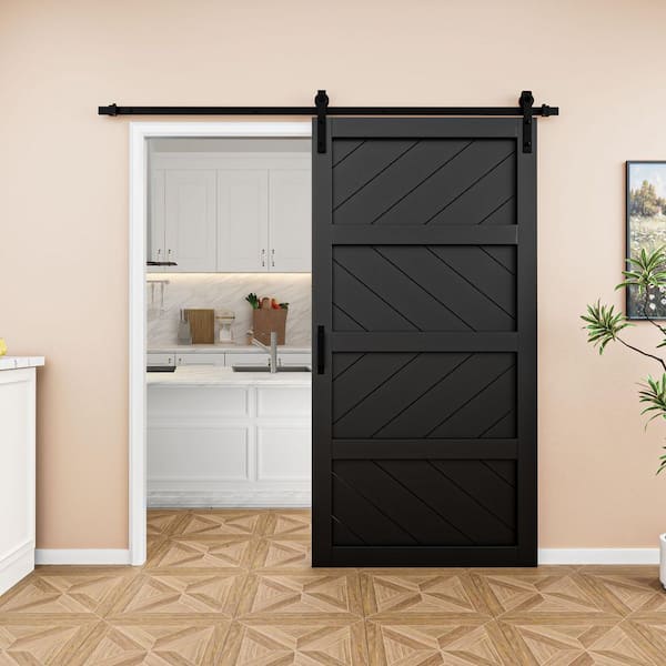 42 in. x 84 in. Black Finished 4-Lite Wave Pattern Style MDF Sliding Barn Door with Hardware Kit and Soft Close