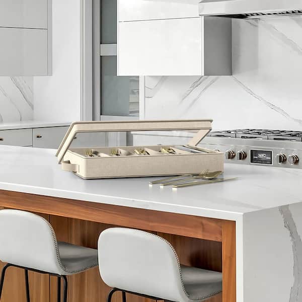 Beige 16.75 in. x 3 in. Fabric Decorative Box, Polyester Padded Exterior, Plastic Flatware Organizer, Utensil Storage