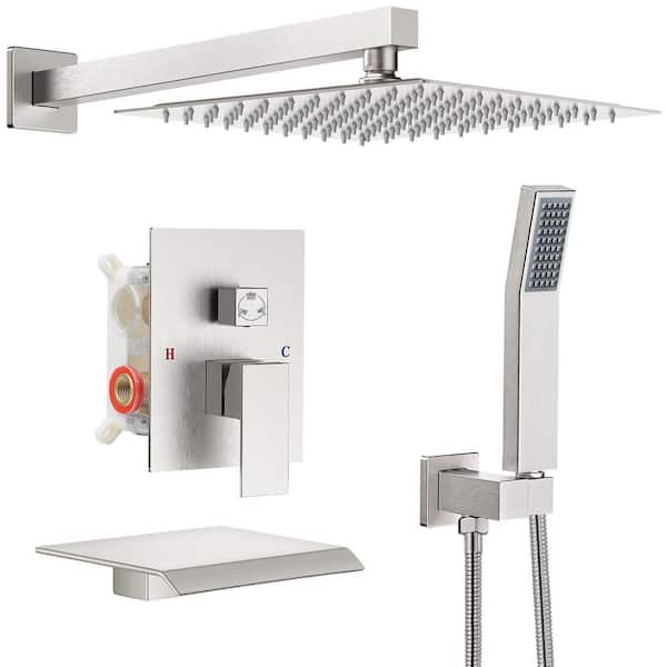 3-Spray Patterns with 2.5 GPM 12 in. Showerhead Wall Mounted Dual Shower Heads with Valve in Brushed Nickel