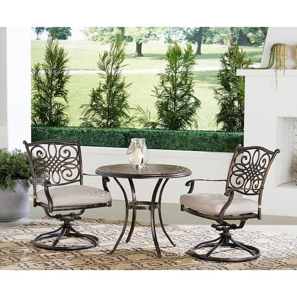 Agio Renditions 3 Piece Aluminum Outdoor Dining Set with Sunbrella Silver Cushions 2 Swivel Rockers and 32 in. Table RENDN3PCSW2 SLV