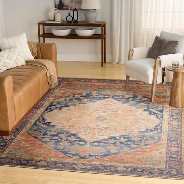 Vintage Washables Blue Coral 9 ft. x 12 ft. Center Medallion Traditional Area Rug