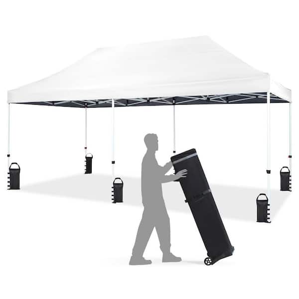 10 x 20 ft. White Commercial Pop-Up Canopy Tent, 400D Oxford Fabric, Hexagonal Leg and Weights