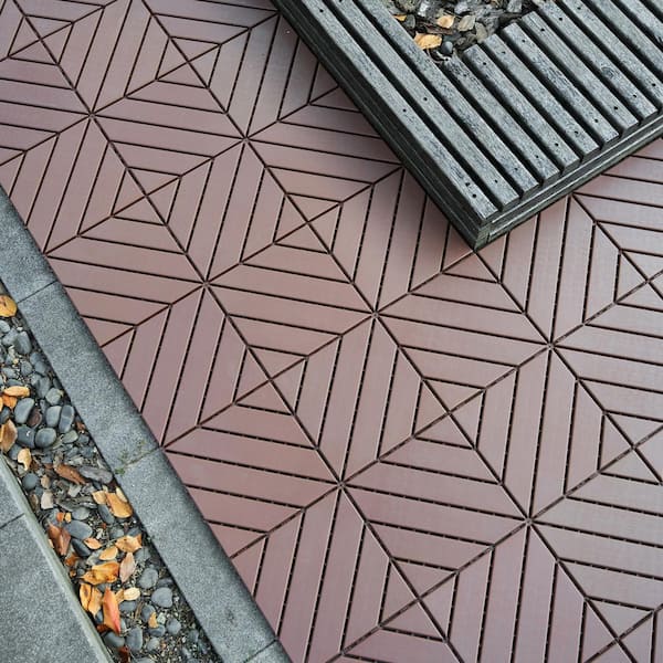 GOGEXX 12 in. W x 12 in. L Outdoor Courtyard Striped Pattern Square Plastic Interlocking Flooring Deck Tiles (44-Pack) in Brown